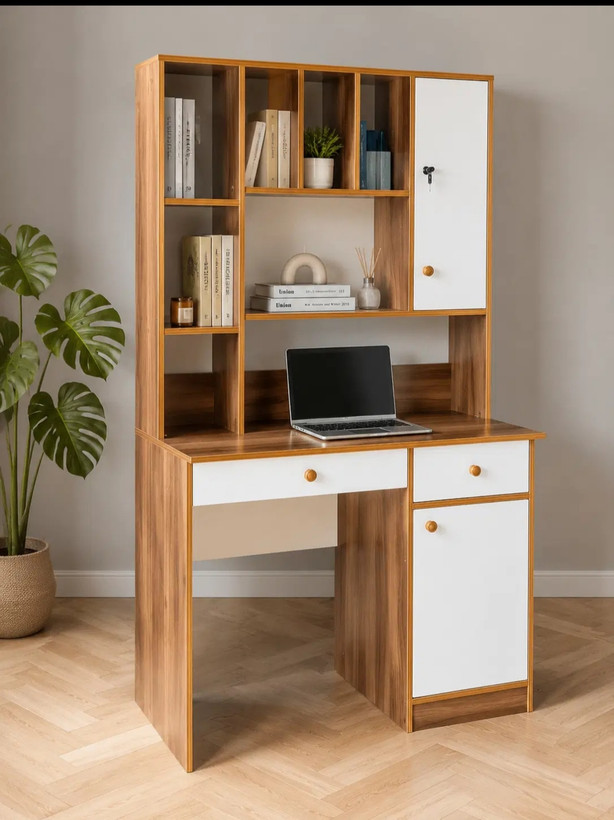 میز تحریر گالری چوب کرمی مدل S-ELARA کتابخانهدار با کمد و کشو