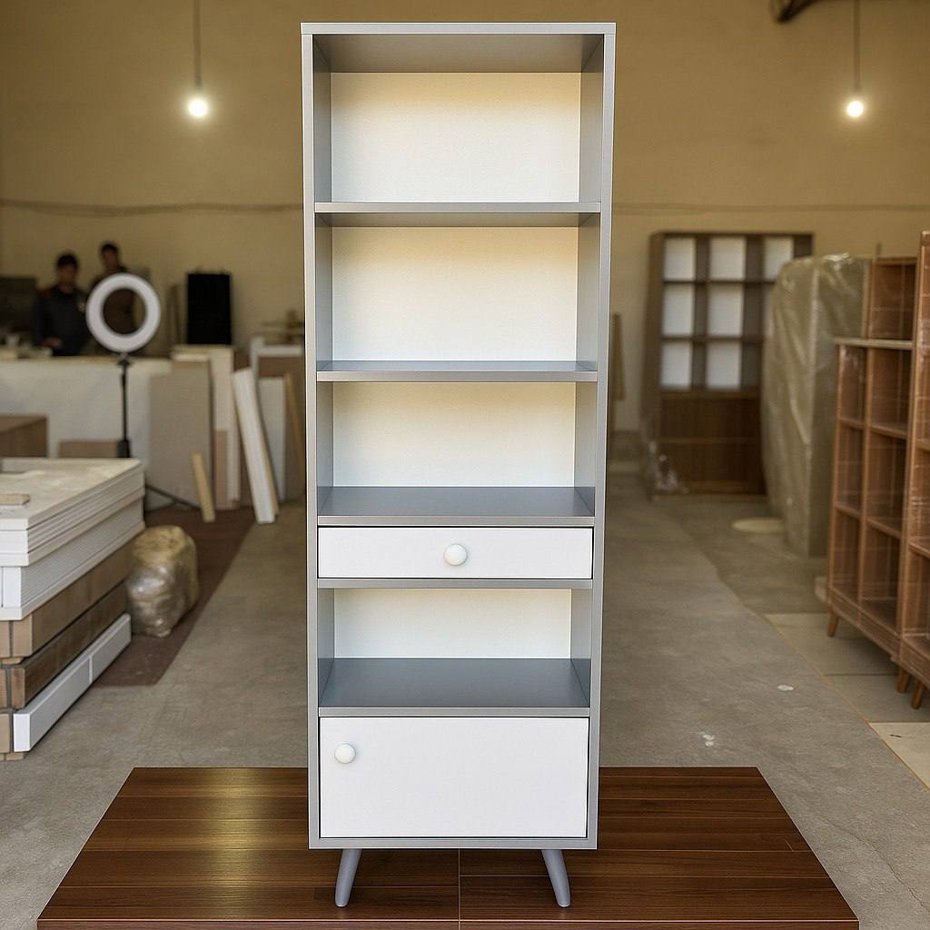 کتابخانه گالری چوب کرمی مدل B-101 با کشو و کمد درب‌دار