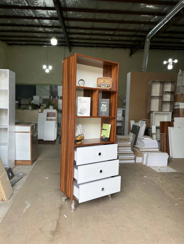 کتابخانه گالری چوب کرمی مدل B-CREST با ۳ کشو و طبقات دکوراتیو
