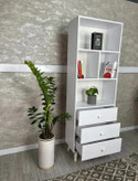 کتابخانه گالری چوب کرمی مدل B-CREST با ۳ کشو و طبقات دکوراتیو