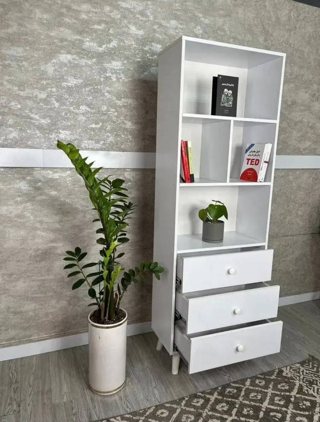 کتابخانه گالری چوب کرمی مدل B-CREST با ۳ کشو و طبقات دکوراتیو